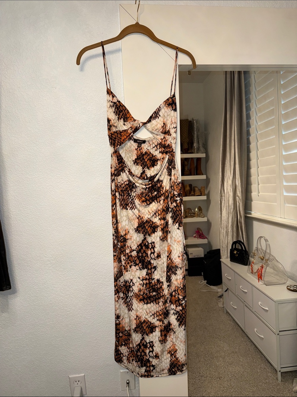 AFRM Brown and Cream Snake-Print Cutout Midi Slip Dress